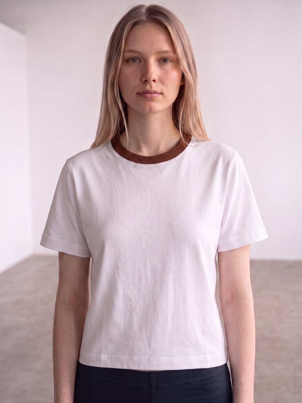 New NU-IN White Short Sleeve Tee with Brown Collar Made In Portugal Size M